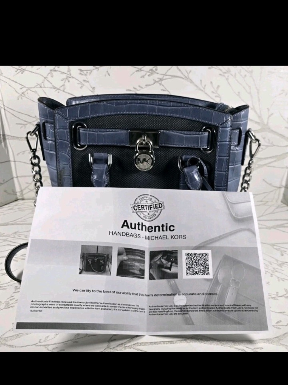 Michael Kors Navy Croc-Embossed Satchel with Chain Strap and MK Lock